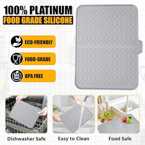 Image of HROY Silicone Dish Drying Mat for Kitchen - Built-in Drain Lip | Hygienic Drying Pad - Sturdy Compact Easy to Clean Tray Protects Surfaces Prevents Water Build Up (50 * 40 cm)