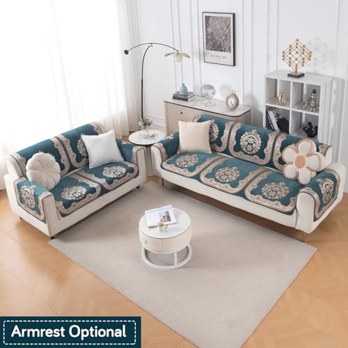 Image of HOKIPO Shahi Teal Premium Chenille Jacquard Sofa Cover 3 Seater and 2 Seater Set - 5 Seater Sofa Cover (3+2) for Seat & Back | 'Royal Aangan Series' (IN-1008-L2*2 + IN-1007-L2*2)