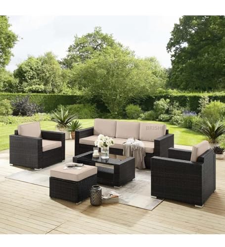 Image of Amazon Brand - Solimo Solara Outdoor 6 Seater Sofa Set | Balcony Sofa | Patio Furniture Sets | Conversation Sets | Wicker | Garden | Balcony | (Dark Brown- Beige)