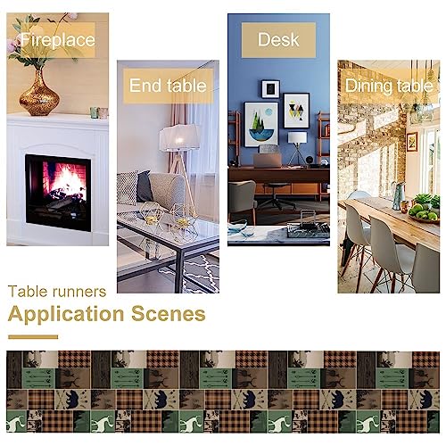 Image of Rustic Country Cabin Hunting Moose Table Runner,Retro Green Patchwork Bear Deer Hunting Wild Animal Plaid Checkered for Kitchen Dining Room 13x120in