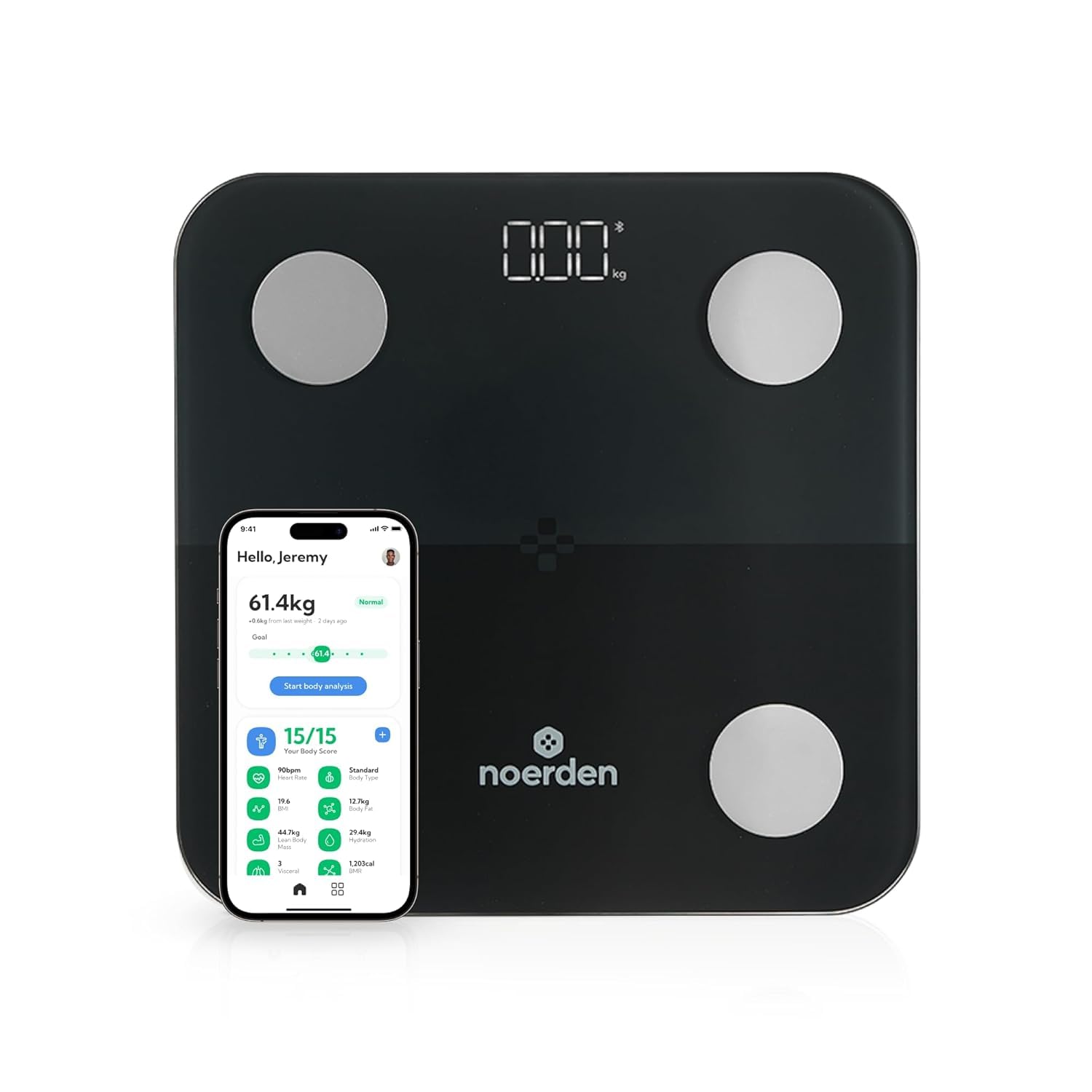 NOERDEN MINIMI+ Báscula de Baño Inteligente | Análisis Corporal por Bioimpedancia | Compatible con App | Negro