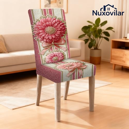 Image of Nuxovilar Pink Floral Ribbon Striped Stretch 23.6x70in 6PCS Covers | Stretch Slipcover Gentle Protector Flower Wrap Seat Guard Dining Room Bedroom Wedding Banquet (Floral Stripe)