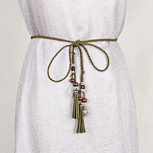 NIDMIDO Women's PU Leather Waist Belts Woven Tassels Chain Belt Skinny Rope Belt Chain for Skirt Dress Boho Style4