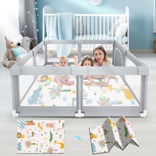Image of Fshibila Baby Playpen with Mat, Baby Playpens for Babies and Toddlers, BabyFence Play Pen for Indoor & Outdoor, Sturdy Safety Play Yard with Soft Breathable Mesh, 50 * 50 * 27 inches Grey