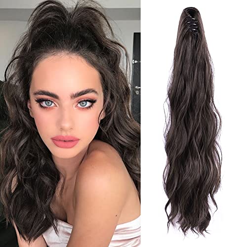LOMMEL Ponytail Extensions Claw Clip Ponytail Extensions for Women 20 Inch Long Wavy Ponytail Extensions Fluffy Synthetic Ponytail Hairpiece Natural Soft Daily Use (Dark Brown)