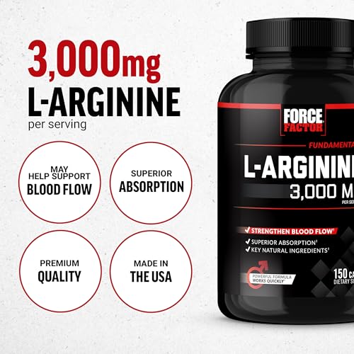 Image of Force Factor L-Arginine Nitric Oxide Supplement | Support Blood Flow, Circulation & Pumps, L-Arginine 3000mg with BioPerine for Superior Absorption, 300 Capsules
