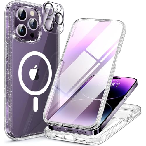 Image of Miracase Magnetic for iPhone 14 Pro Case 6.1 inch, (Compatible with MagSafe) Upgrade Full-Body Clear Phone Bumper Case with Built-in 9H Tempered Glass Screen Protector, Magnetic Glitter Clear