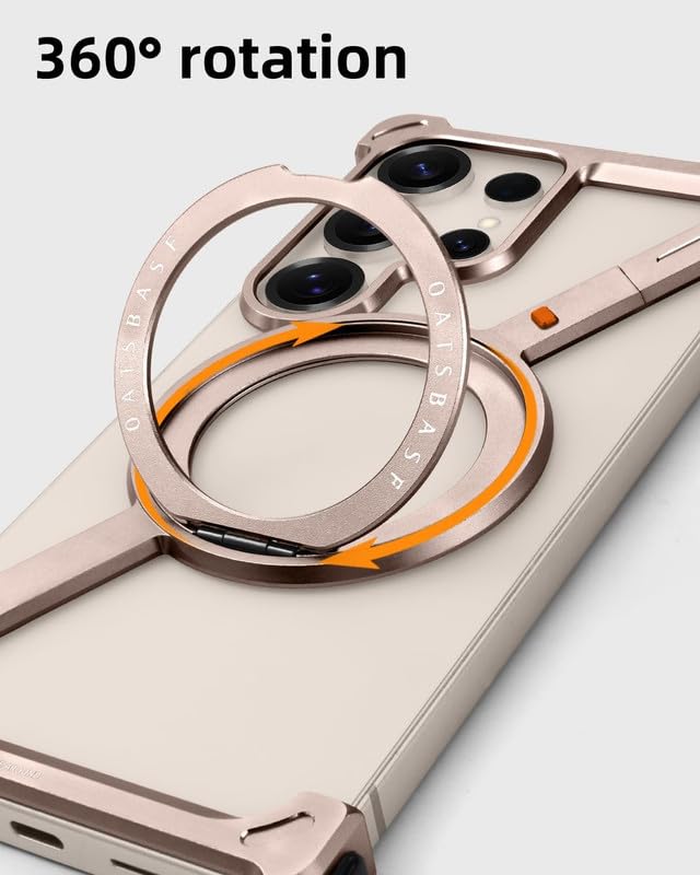 Image of Z Shaped Metal Frameless 360 Rotatable Ring Metal Bumper Case with Kickstand for Samsung Galaxy S25 Ultra Case Compatible with Wireless Charging | Luxury Aluminum Armor (Dessert)