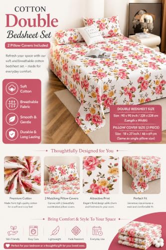 Image of IVAZA 240 TC Soft Ezyption Cotton Floral Print King Size Bedsheet - with 2 Pillow Covers, Hypoallergenic, Brethable, (Size- 90 x 90 Inch) Pink White