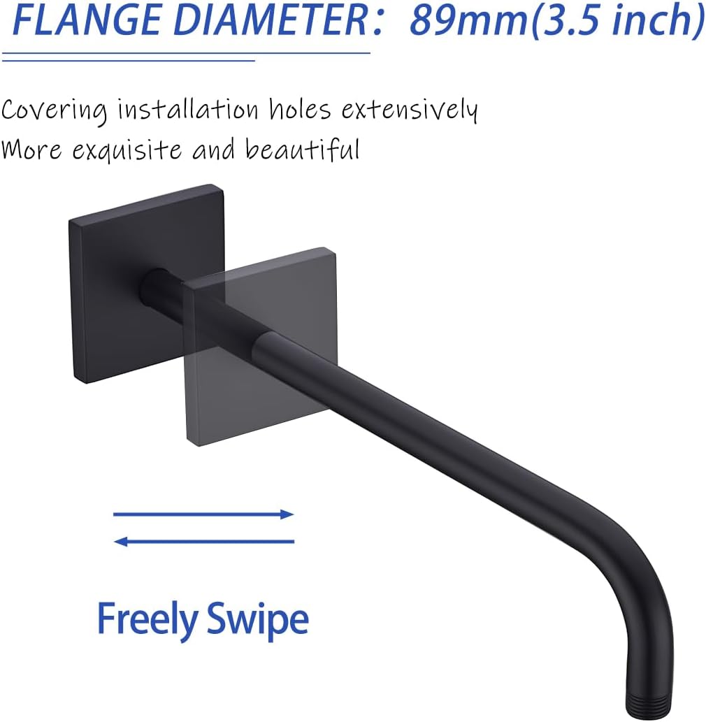 16 Inch Shower Head Extension Arm Wall Mounted Rainfall Extend Pipe Tube Stainless Steel Bathroom Accessories Matte Black,SW-91018-16MB-SQ.