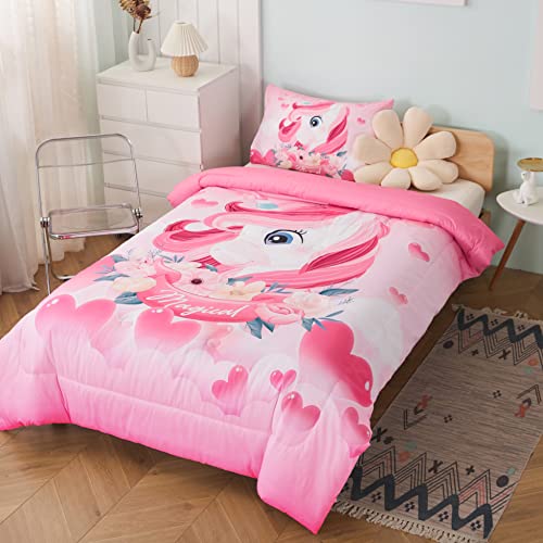 Egchescebo Kids Girls Unicorn Twin Bedding Bed 100% Microfiber Comforter Set Twin Size Sets For Girls Quilt Ultra Soft And Breathable Breathable Warmth Down Quilt Sets Pink #TOP2
