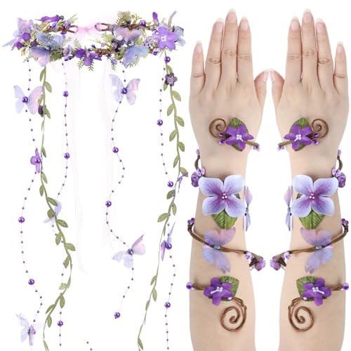 Flower Crown with Arm Wraps - 3 Pcs Fairy Costume Purple Butterfly Floral Headband with Vine Tessel Renaissance Costume Adult Women Renfaire Woodland Fantasy Fairycore Elven Cosplay Outfit