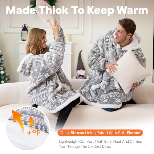 Image of Giggling Getup Wearable Blanket Hoodie for Women Men - Oversized Flannel Sherpa Fleece Sweatshirt Blanket - with Giant Pocket & Sleeves - Cozy Warm Blanket Birthday Gifts for Adults Grey Snowflake
