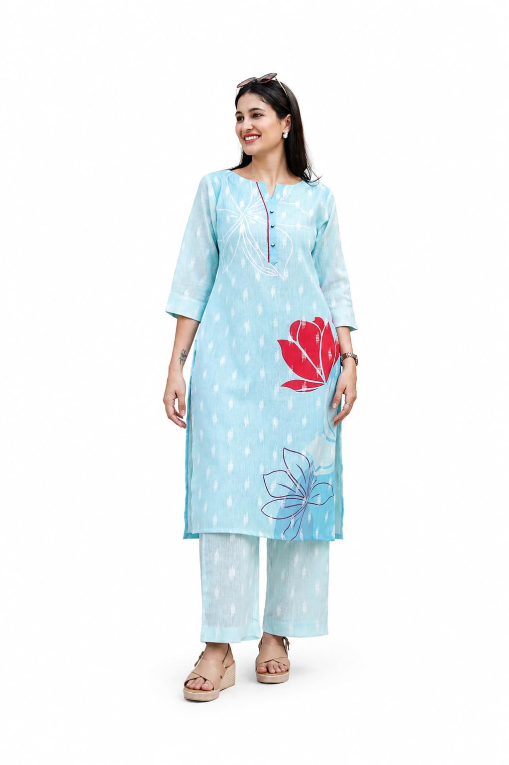 Women's Cotton Linen Dobby Melony Hue Co-ord Set | Floral & Ikat Print A-Line Kurti with Straight Pants | Round V-Neck 3/4 Sleeves Suit-picture-47