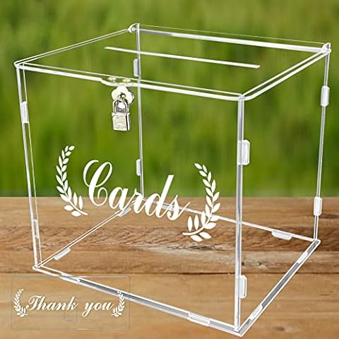 FCDECOR Acrylic Wedding Card Box with Lock, Clear Card Boxes for Wedding Reception with Ear of Wheat Sign for Honey Moon Fund Wedding Decor, Baby Showers, Birthdays, Bridal, Graduation Party Supplies Cover