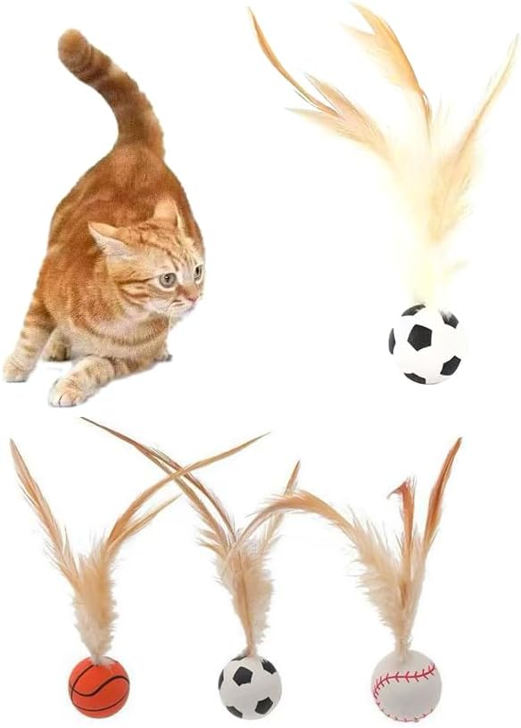 Miniatura 1 de Juego de bolas interactivas de juguete para gatos 2025  Juguetes elásticos para mascotas con plumas naturales, bolas rodantes de silicona para gatos