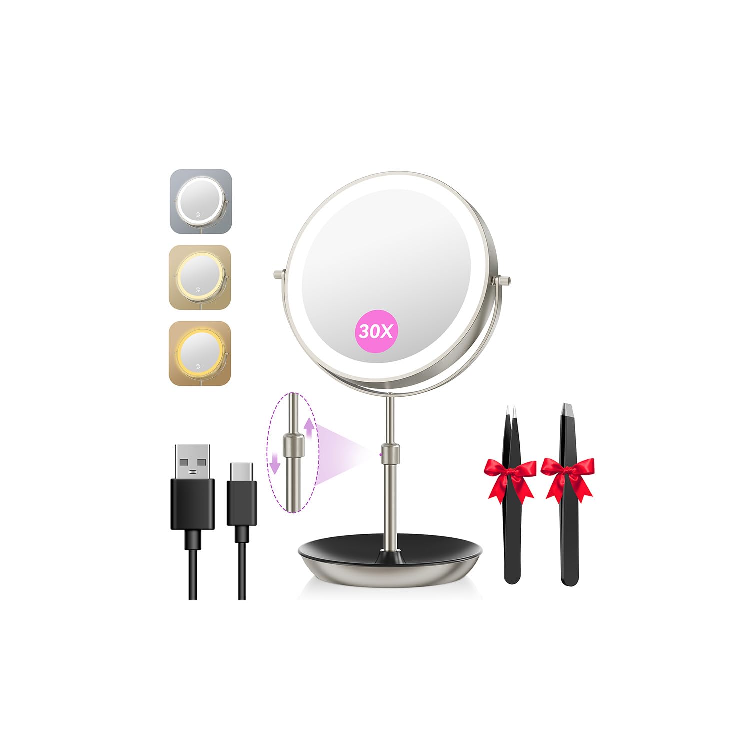 Auxmir 9'' Lighted Magnifying Mirror with 1X/30X, Height Adjustable Double Sided Touch Makeup Mirror with Tweezers, 3 Color Lights & Stepless Dimmable, 360° Swivel Rechargeable Cosmetic Vanity Mirror