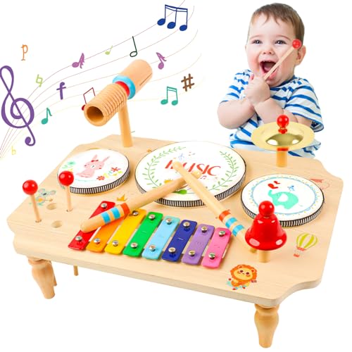 LZDMY Instruments de Musique Bébé 1 2 3 Ans,Jouets Musicaux en Bois Tambour Bébé Xylophone Triangle Batterie et Percussions pour Enfants, Jouets Montessori...