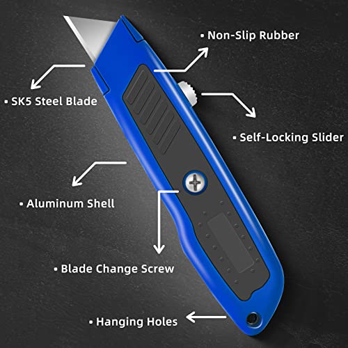 Image of DIYSELF 2 Pack Box Cutter, Heavy Duty Utility Knife for Construction, Carpet, Cardboard, Retractable Aluminum Box Knife, Razor Blade Opener (Blue)