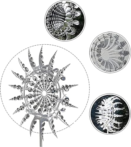 Einzigartige und magische Metall-Windmühle, 3D-Edelstahl-Windspiel, windbetriebene kinetische Skulptur mit Metall-Gartenstecker für Hof, Gartendekoration