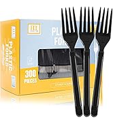 [300 count] Plastic Forks Disposable- HL HOME-LINK 7" Black Heavyweight Forks, Durable Extra Heav...