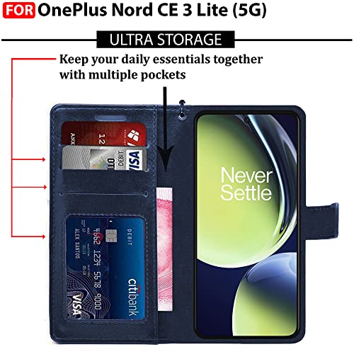 Image of CEDO Flip Cover for OnePlus Nord CE 3 Lite (5G) | Leather Finish | Inside Pockets & Inbuilt Stand | Shockproof Wallet Style Magnetic Closure Back Case Flipcover (Blue)