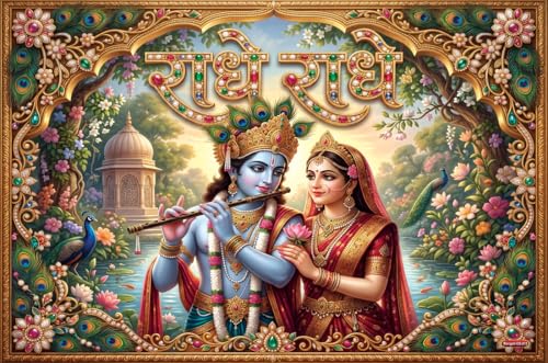 Image of Rangoli Radha Krishna Self Adhesive Poster 18x12 Inch | Radhe Radhe Hindu God Wall Sticker Poster for Home Temple Pooja Room Living Room Bedroom Decor | Spiritual Devotional Wall Art