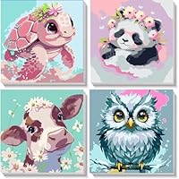 4 Pack Animal Paint by Numbers for Children with Wooden Frame-Turtle Owl Cow Panda Paint by Numbers Kids Ages 4-8-12,DIY Painting by Numbers for Kids Acrylic Oil Canvas for Home Wall Decor(8X8inch)