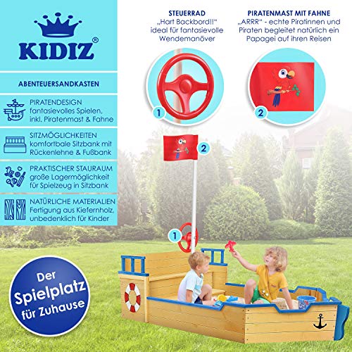 KIDIZ® Sandkasten AHOI - Piratenschiff Boot Segelschiff aus Holz Inkl. Abdeckung, Bodenplane, Sitzbank, Flaggenmast, Spielzeuge | Große Kinder Sandkiste für den Garten | Outdoor Sandbox Blau – Bild 2