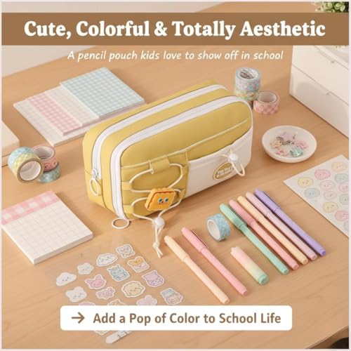 Image of Canvas School Bag Pencil Case, 3 Layer 6 Compartment Large Capacity, Aesthetic Pencil Pouch for Stationary, Cute Stationery for Kids, Pencil Case for Girls & Boys (Nice Day Yellow)