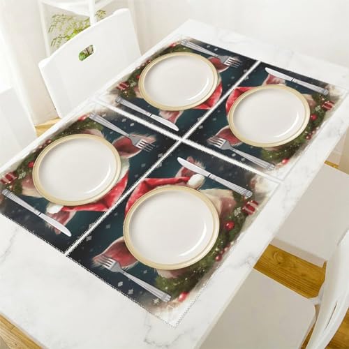 Sets de table carrés en toile imprimé cochon de Noël lavables - 6