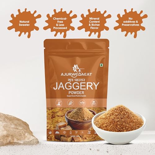 Image of AJURWEDAEAT Organic Jaggery Powder | Natural Sweetener Traditional Indian Gud | Chemical Free Unrefined Sugar Alternative for Tea Coffee Sweets Cooking Baking Healthy Daily Use (950 GM)