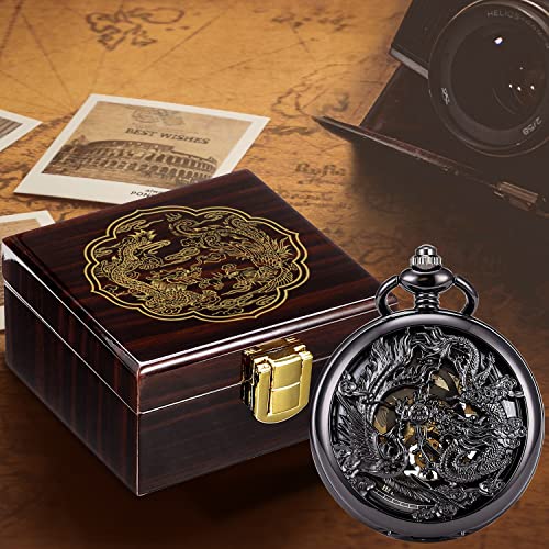Image of ManChDa Antique Mechanical Pocket Watches for Men Lucky Dragon Phoenix Pocket Watch with Chain Skeleton Dial Roman Numerals Gifts for Fathers Day