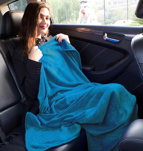 Image of BlueHills Travel Blanket Pillow in Mini Soft Case Premium Plush Airplane Blanket in Soft Bag Compact Pack with Luggage Belt and Backpack Clip Airline Car 2 in 1 Traveler Essentials - Teal Blue M03
