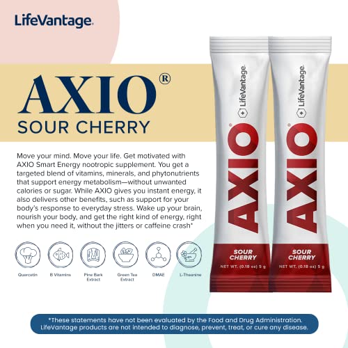 Image of LifeVantage AXIO Regular Energy Drink Powder, Nootropic Supplement, Focus & Mood Support, with L-theanine, Green Tea, B Vitamins, DMAE, Quercetin & Pine Bark, Sour Cherry, 30 Packets
