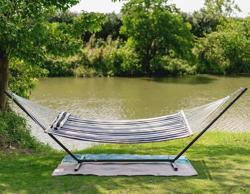 Image of Lazy Daze Hammocks 12FT Quilted Fabric Double Hammock with Spreader Bars and Detachable Pillow, 2-Person for Outside Patio Poolside Backyard Beach, 450 lbs Capacity, Black White