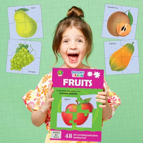 Image of THE BOOK TREE Bright Brain Fruits 48 Piece Paper Jigsaw Puzzle for Preschoolers, Educational Toy for Learning Fruits, Gifts for Kids Ages 3 to 6 By Majestic Book Club,Multicolor