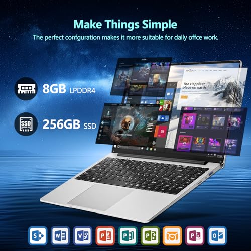 Image of 15.6 inch Laptop, Laptop N4000 Processor, Laptop Computer with 8GB LPDDR4 256GB SSD, Silver Traditional Laptop Computers for Work & Study, 180 Angle Open, Dual-Band WiFi, Long Battery