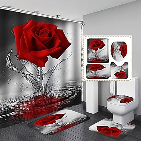 Smaroll 4PCS Rose Floral Shower Curtain Set with Rugs,Valentine's Day Love Bathroom Accessory Sets Butterfly Shower Curtains Fabric Waterproof Bathroom Curtains Shower Sets Farmhouse Bath Curtains Cover
