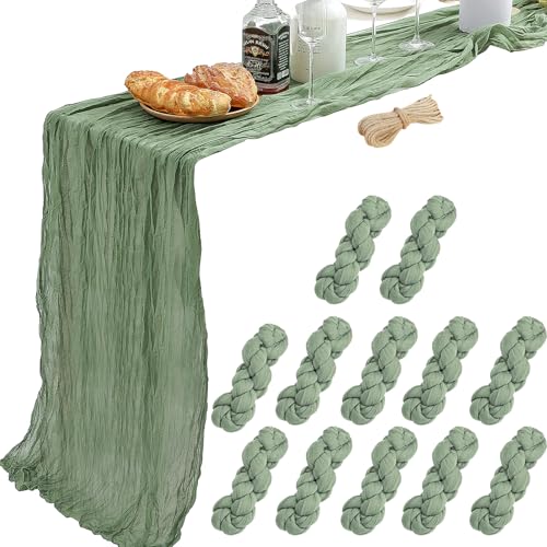 YARGEZON 12 Pcs 10 Ft Sage Green Cheesecloth Table Runner Gauze Cheese Cloth for Light Green Bridal Baby Shower Wedding Décor (35 x 120 Inch)