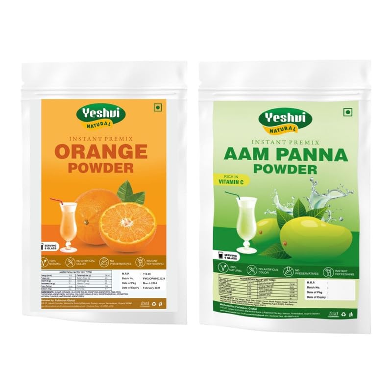 Yeshvi NATURAL Orange & Aam panna powder, Instant Drink Powder, Tangy & Sweet Taste Made with Dry Mango & Orange, Summer Drink, Mango Drink Powder & Orange, Fruit Juice for Adults, 200g