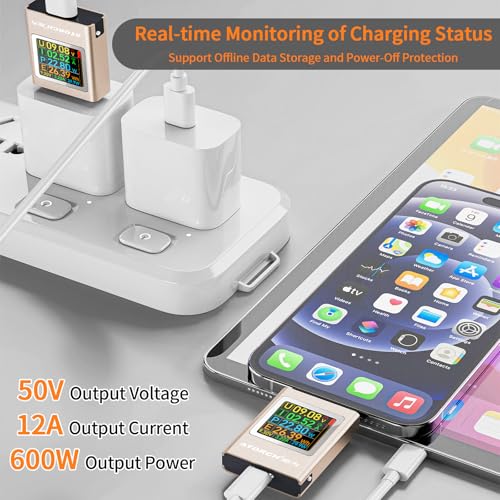 Image of USB C Power Meter Tester, Multimeter 4.5-50V 0-12A Two-Way Measurement Gravity Sensor Voltage Current Capacity Amp Volt Voltmeter Ammeter Digital Tester for Chargers Power Bank Cable Copper