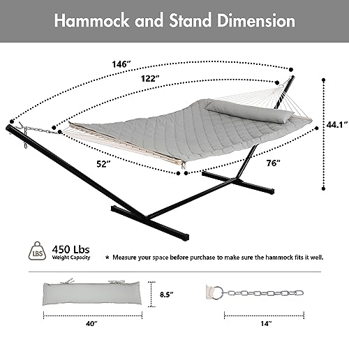 Image of ANOW Double Rope Hammock with Stand 12FT, Heavy Duty Hammock, Light Grey