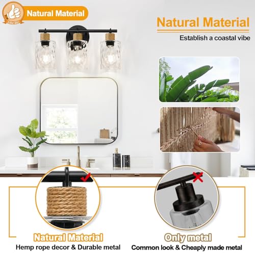 MOKATNG 2025 Upgrade Bathroom Light Fixtures, 3-Light Coastal Vanity Lights with Crystal Glass Shade, Black Bathroom Wall Lamp for Mirror Kitchen Hallway Cabinet - Image 3