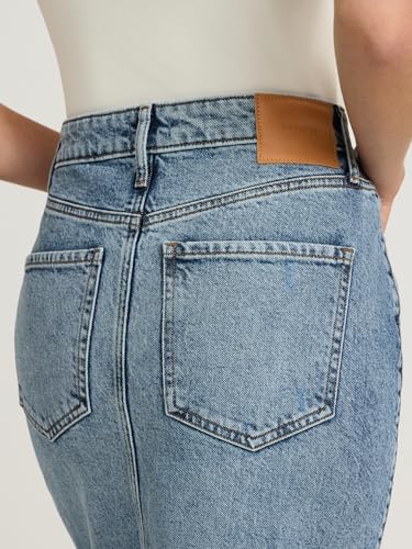 EXPRESS Women’s Maxi Denim Skirt – High Waisted Stretch Jean Skirt with Front Slit – Medium Wash4