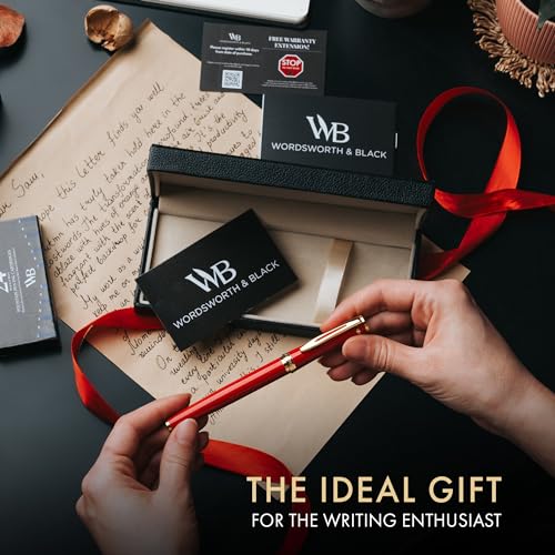 Image of Wordsworth & Black Luxury Fountain Pen Set for Writing, Medium Nib, Red | Gift for Men & Women, Brass Body, 18K German Iridium, Calligraphy, Converter + 24 Ink Cartridges, Refillable, Leak-Free