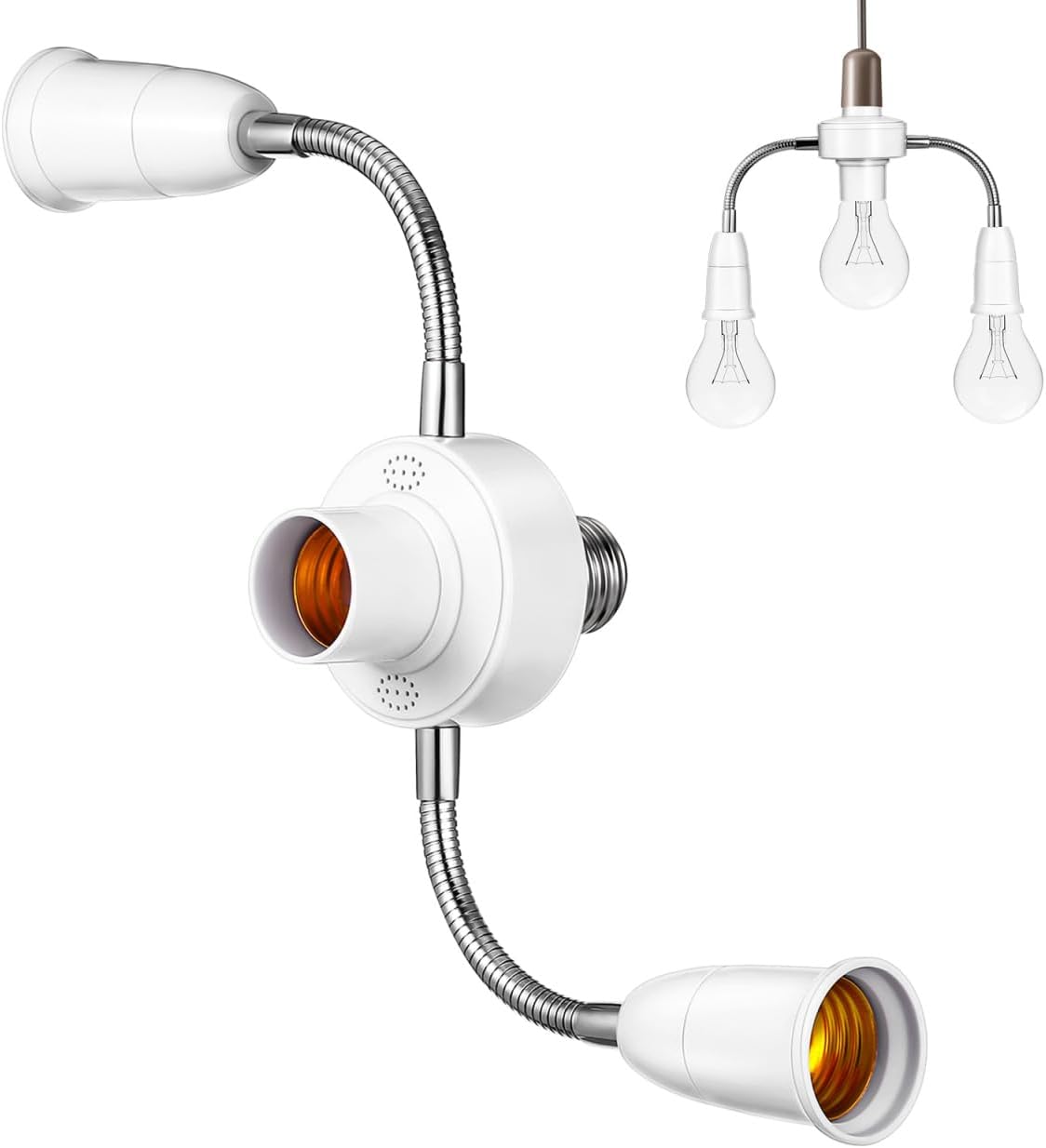 SHINEOFI 3 in 1 Light Socket Splitter, E27 Light Socket Extender Adapter | Adjustable Lamp Holder with 2 Flexible Gooseneck & 1 Center Outlet for Garage, Porch Security Camera, Plants