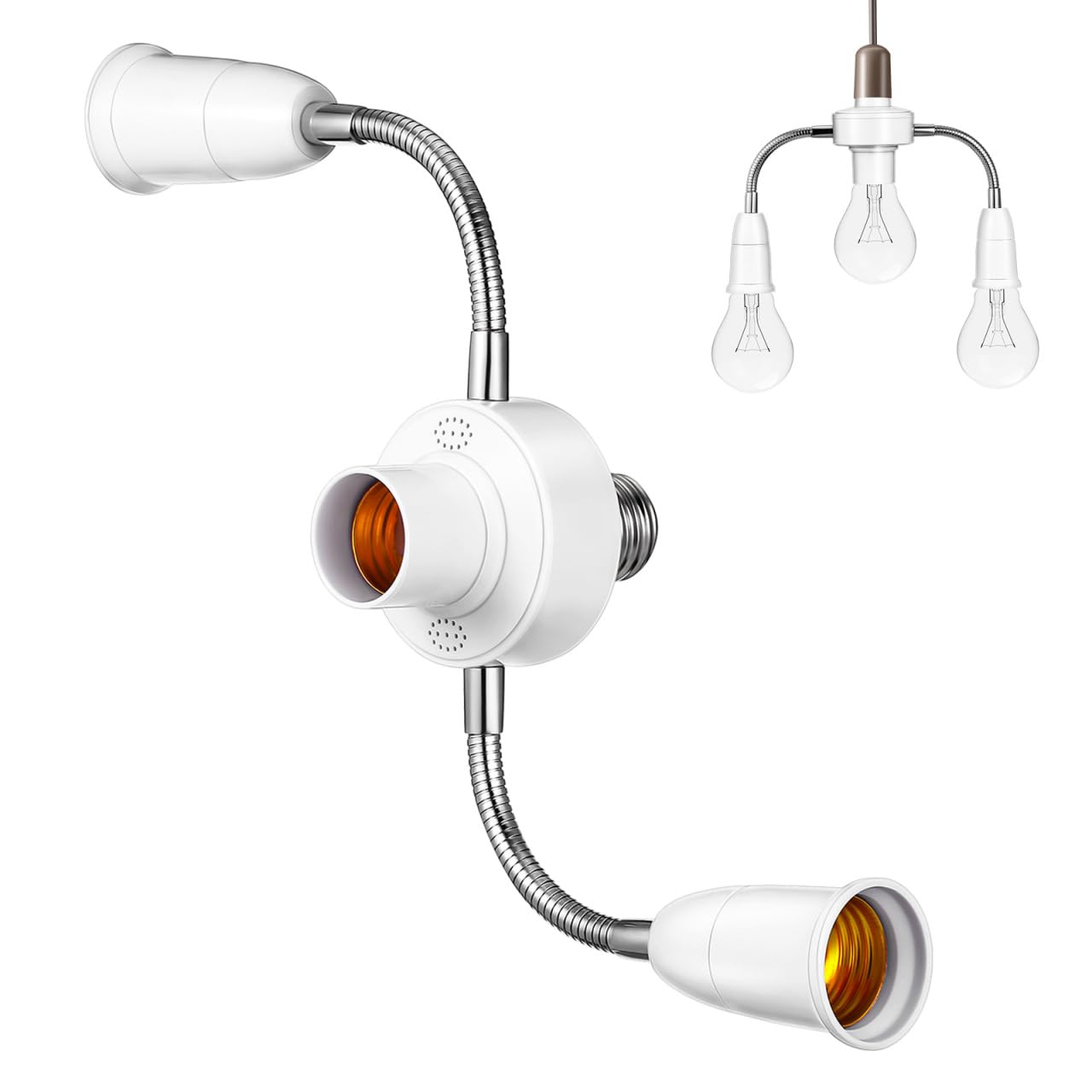 SHINEOFI 3 in 1 Light Socket Splitter E27 Light Socket Extender Adapter Adjustable Lamp Holder with 2 Gooseneck and 1 Center Outlet Lighting Fixture for Garage Porch Security Camera