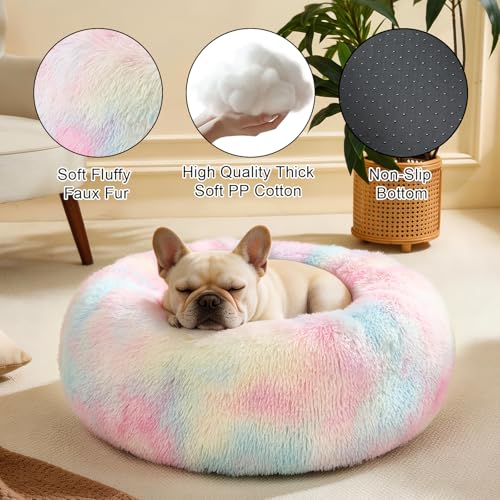 Image of Dog Calming Beds for Medium Large Dogs Round Donut Washable Anxiety Dog Bed | Anti-Slip Faux Fur Fluffy Donut Cuddle Anxiety Large Dog Bed Up to 65 Lbs(32 inch Colorful)