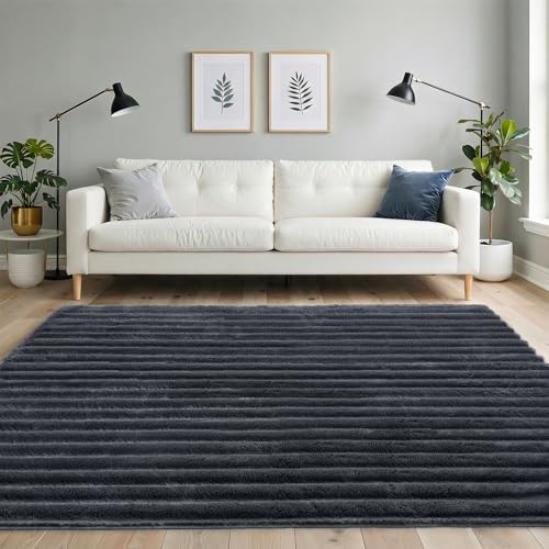 BEIMO Tapis Salon 160x230cm - Long Poil Luxueux avec Mousse Mémoire de Forme, Dessous Antidérapant Haute Adhérence, Lavable Machine - Gris Charbon Design...